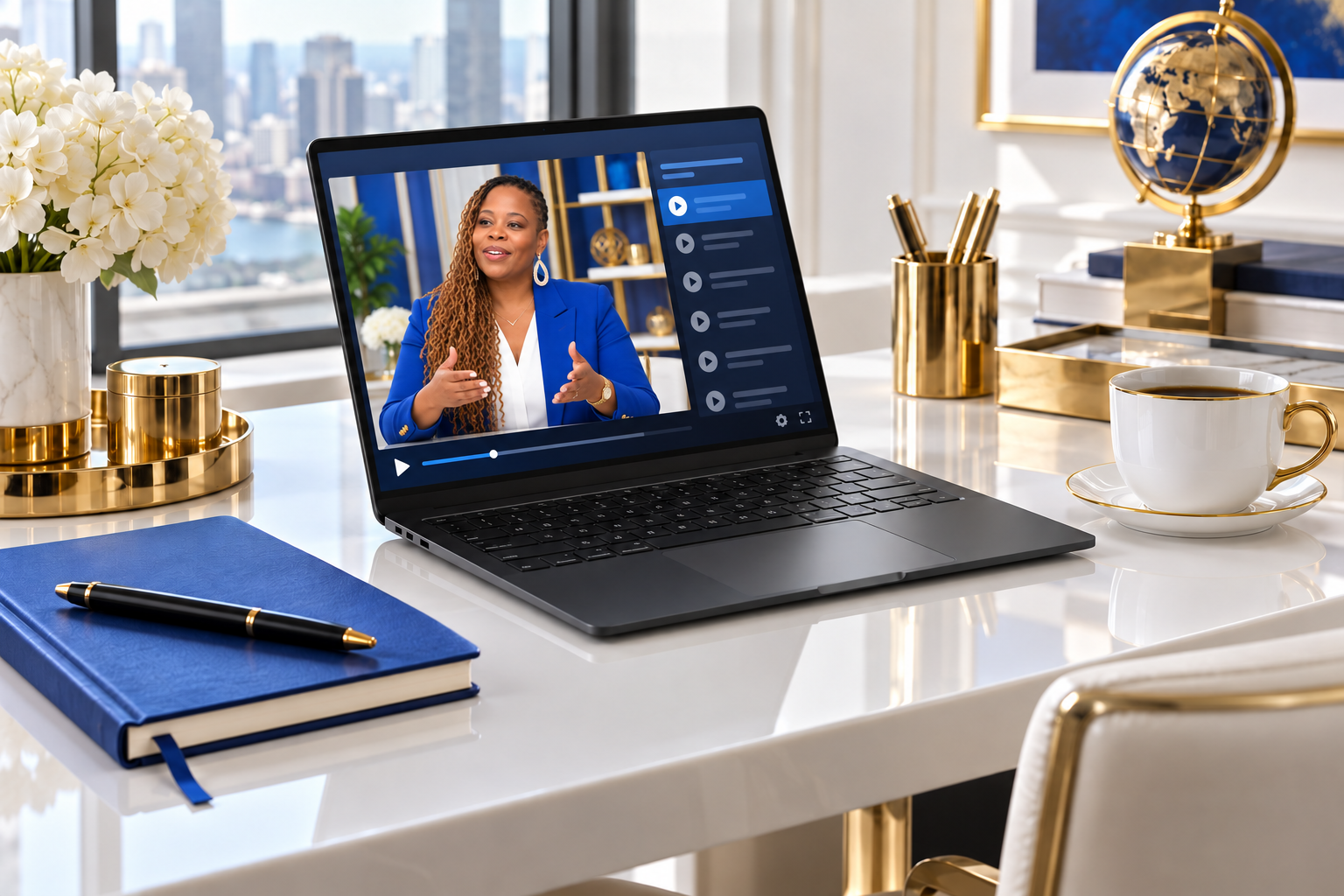 An online business course taught by Erika McMillon displayed on a laptop